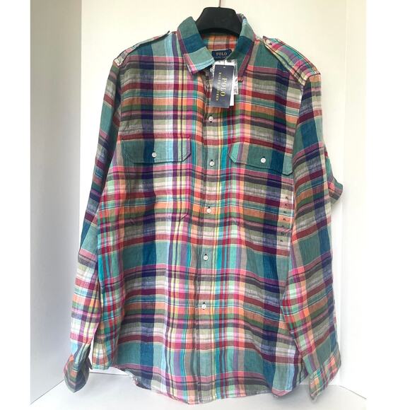 Polo by Ralph Lauren Tops - Polo Ralph Lauren Womens Blue Plaid Linen Button-Up Shirt Long Sleeve XL